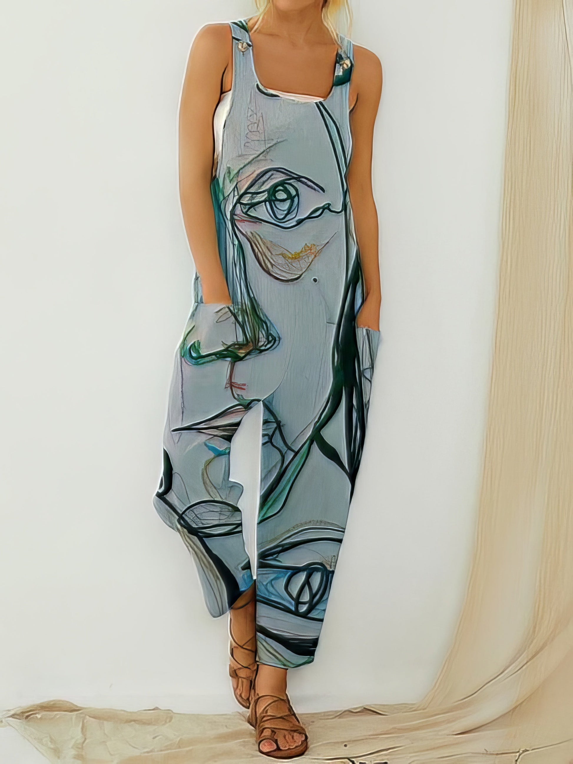 Jumpsuits - Printed Loose Sleeveless Jumpsuit - MsDressly