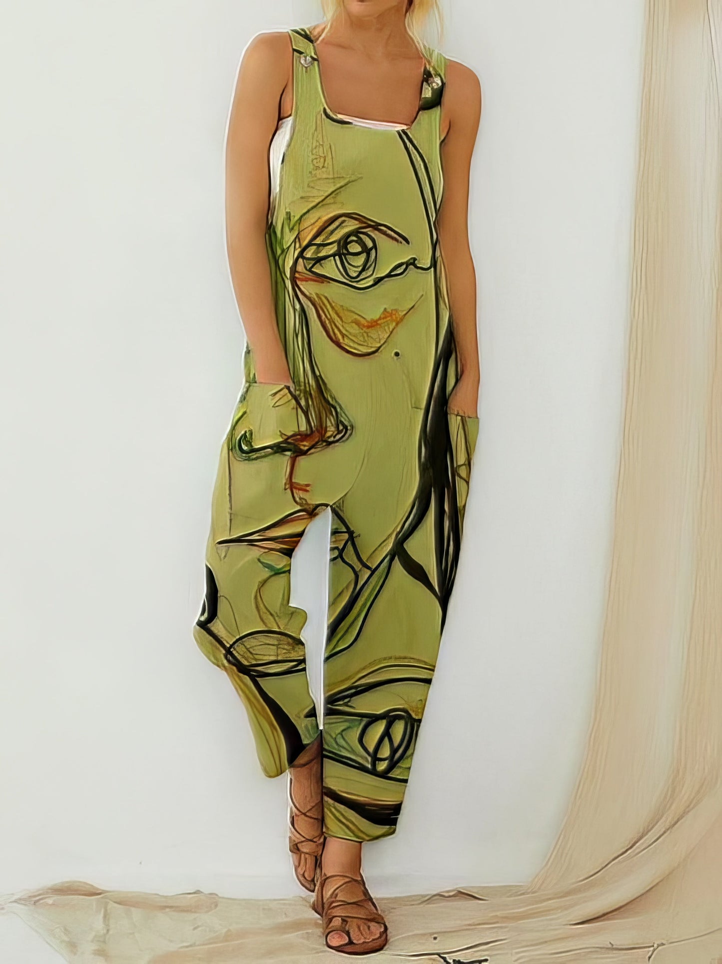 Jumpsuits - Printed Loose Sleeveless Jumpsuit - MsDressly