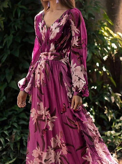 Women's Swing Dress Long Dress Maxi Dress Purple Long Sleeve Floral Print Winter Fall Autumn V Neck Winter Dress Fall Dress Loose Fit 2023 S M L XL XXL