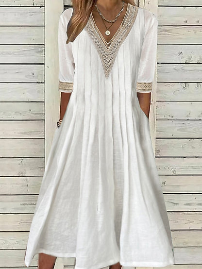 Women's Dress - Cotton Linen Dress Casual Dress Midi Dress Cotton Blend Fashion Basic Outdoor Daily Vacation V Neck Patchwork Pocket Half Sleeve Summer Spring Fall 2023 Regular Fit White Pure Color S M L XL