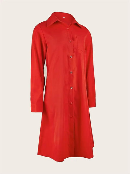 Women's Shirt Dress Casual Dress Shift Dress Midi Dress Outdoor Winter Dress Daily Polyester Elegant Casual Shirt Collar Pocket Rolled Cuff Long Sleeve Summer Winter Fall Spring 2023 Loose Fit Red - LuckyFash™