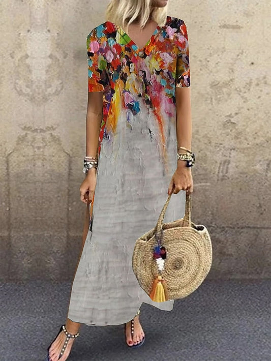 Women's Casual Dress Shift Dress Long Dress Maxi Dress Red Blue Green Short Sleeve Painting Print Summer Spring V Neck Fashion Vacation Summer Dress 2023 S M L XL XXL 3XL - LuckyFash™