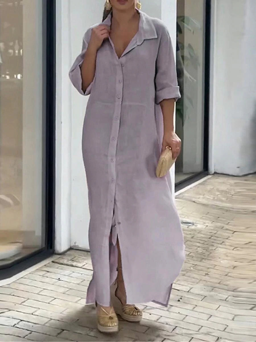 Women's Shirt Dress Casual Dress Cotton Linen Dress Maxi long Dress Button Basic Daily Shirt Collar 3/4 Length Sleeve Summer Spring Gray Plain