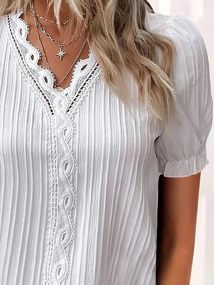 Women's White Dress Lace Dress Summer Dress Mini Dress Lace Date Streetwear V Neck Short Sleeve White Color