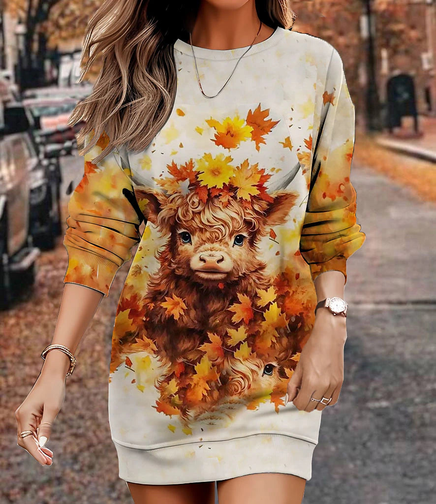 Women's Sweatshirt Dress Casual Dress Mini Dress Warm Fashion Outdoor Vacation Going out Crew Neck Print Leaf Animal Cow Regular Fit Yellow Blue khaki S M L XL XXL