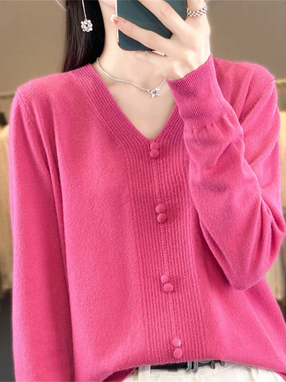 Women's Pullover Sweater Jumper V Neck Ribbed Knit Cotton Button Fall Winter Short Daily Going out Weekend Stylish Casual Soft Long Sleeve Solid Color Golden camel GH purple GH camel S M L