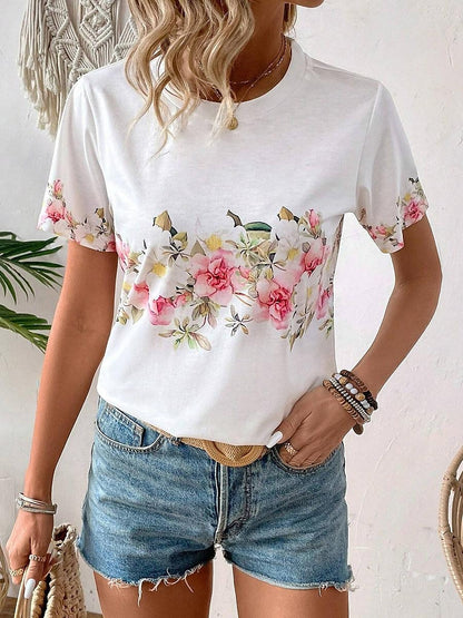 Women's T shirt Tee Floral Daily Weekend White Short Sleeve Elegant Fashion Crew Neck Summer