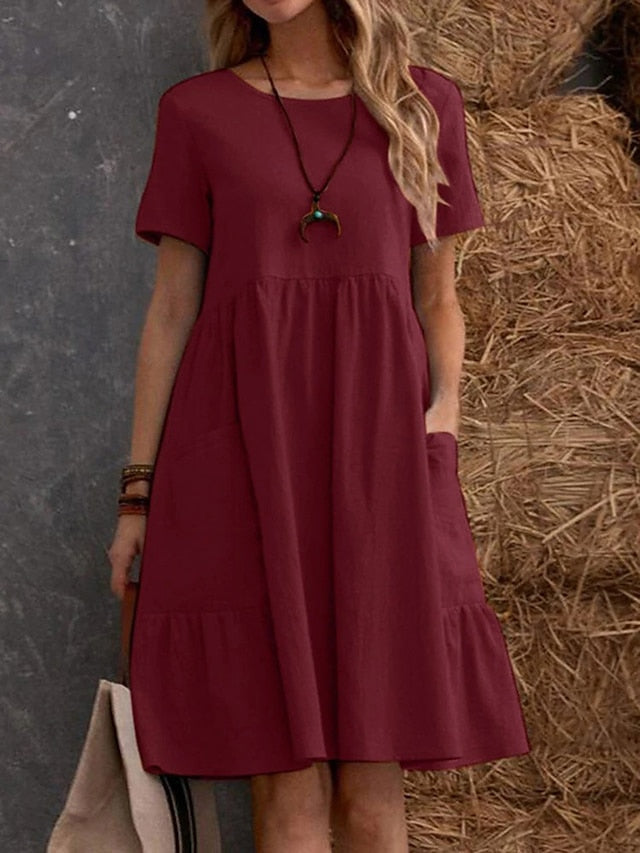 Women's Casual Dress Cotton Linen Dress Maxi long Dress Linen / Cotton Blend Fashion Street Style Daily Date Weekend Crew Neck Ruffle Pocket Short Sleeve Summer 2023 Regular Fit claret Black Yellow - LuckyFash™