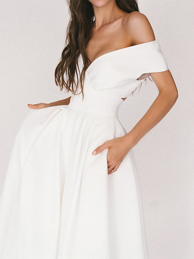 Women's Semi Formal Party Dress Casual Dress Swing Dress White Dress Midi Dress White Short Sleeve Pure Color Backless Winter Fall Spring V Neck Elegant Dress Vacation Summer Dress 2023 S M L XL XXL - LuckyFash™