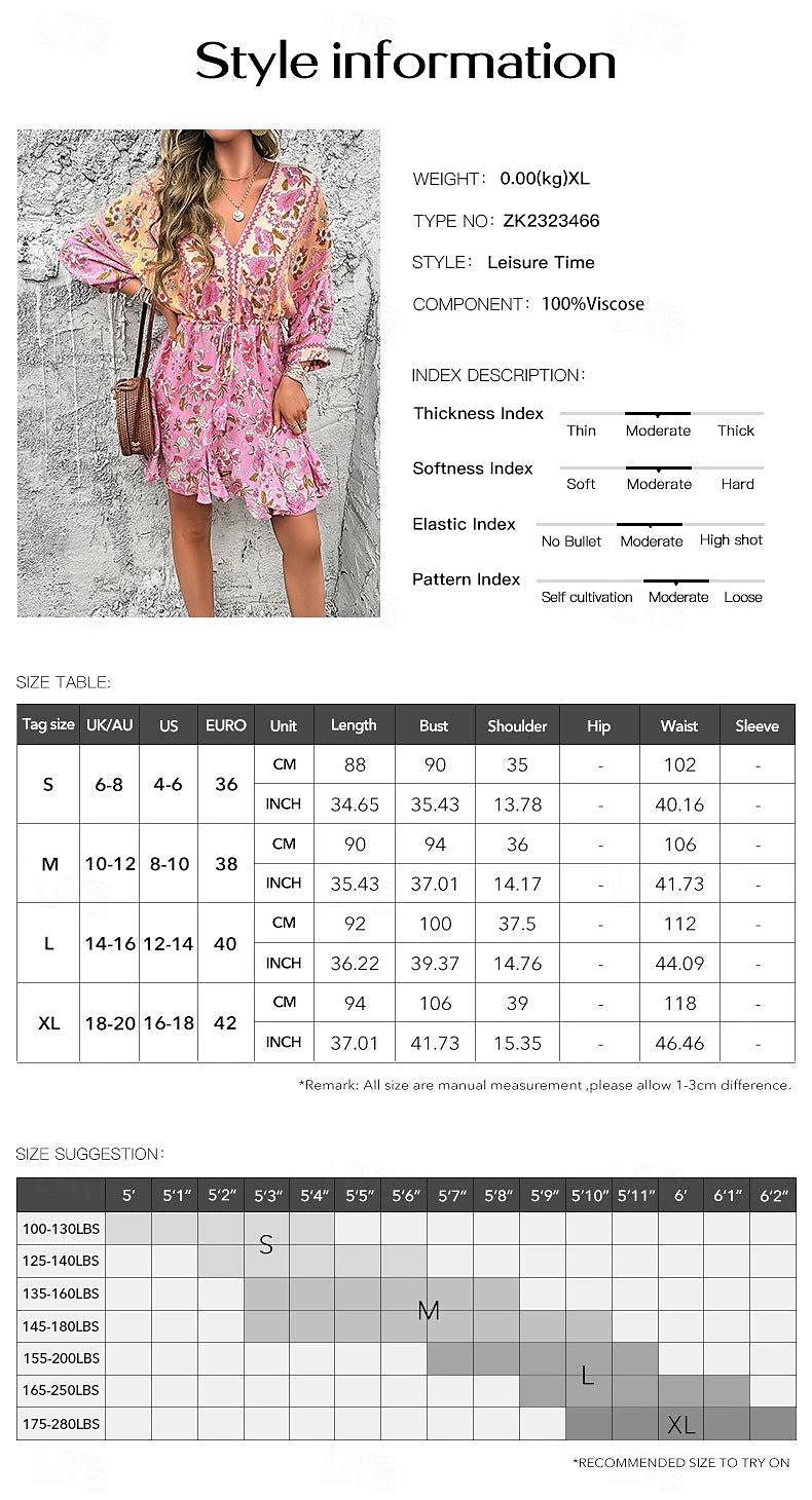 Women's Sundress A Line Dress Floral Drawstring Print V Neck Bishop Sleeve Mini Dress Elegant Tropical Valentine's Day Date Long Sleeve Summer Spring