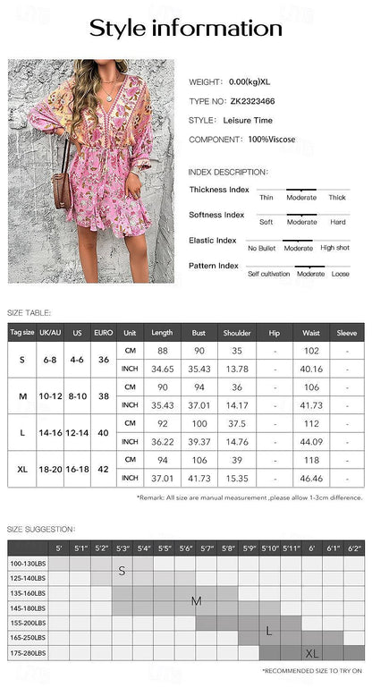 Women's Sundress A Line Dress Floral Drawstring Print V Neck Bishop Sleeve Mini Dress Elegant Tropical Valentine's Day Date Long Sleeve Summer Spring