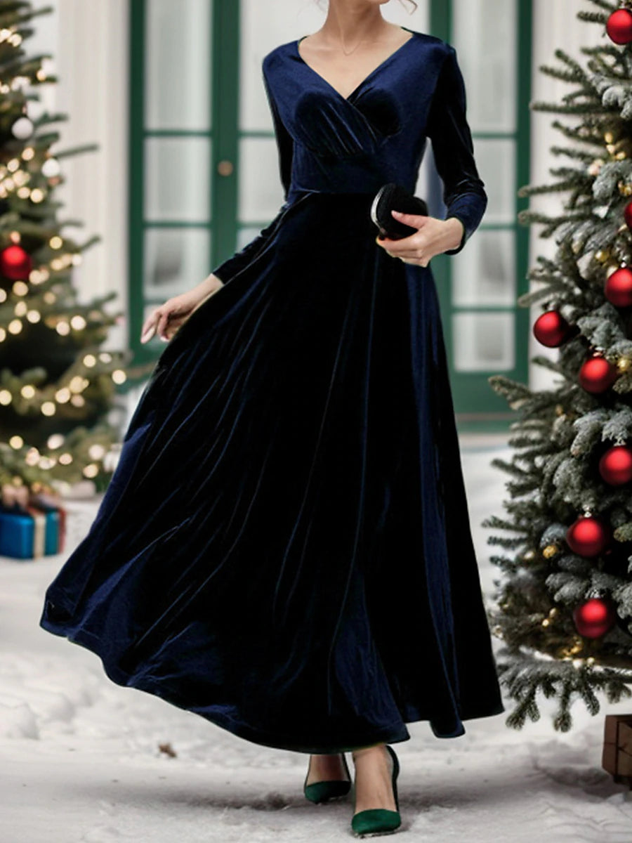 Women's Velvet Dress Prom Dress Party Dress Velvet Ruched V Neck Long Sleeve Christmas Vacation Black Wine Winter