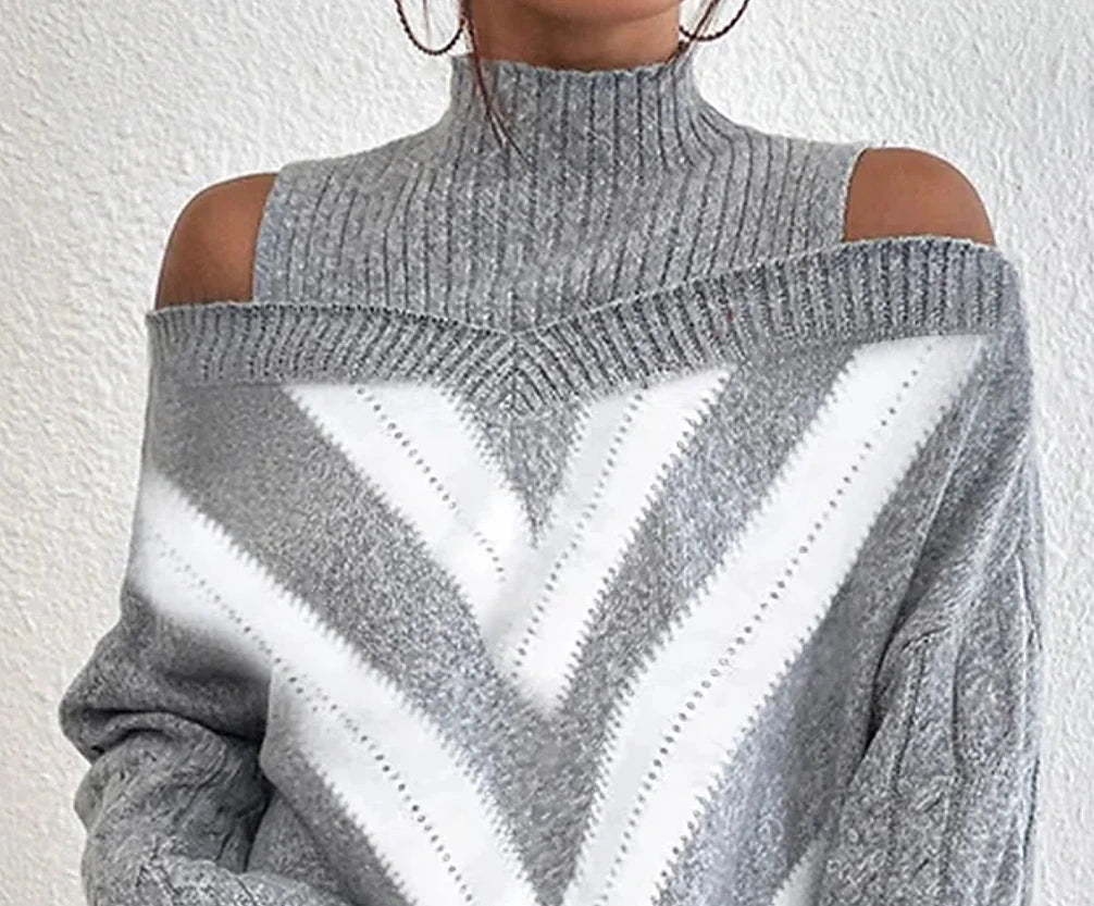 Women's Pullover Sweater Jumper Turtleneck Crochet Knit Knit Cold Shoulder Fall Winter Cropped Daily Stylish Casual Long Sleeve Argyle Gray S M L