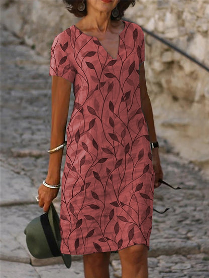Women's Casual Dress Shift Dress Midi Dress Blue Green Short Sleeve Leaf Print Fall Spring Summer V Neck Basic Daily Vacation Summer Dress 2023 S M L XL XXL XXXL - LuckyFash™