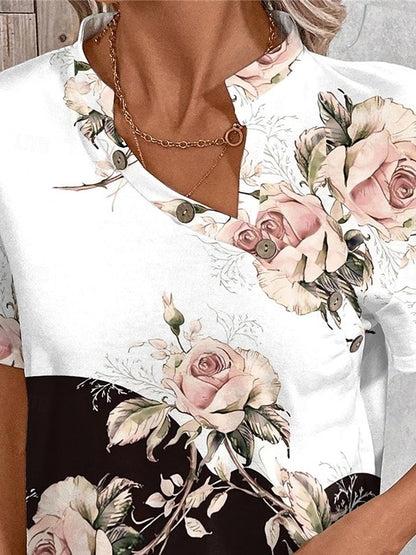 Women's T shirt Tee Floral Daily Weekend Button Print White Short Sleeve Fashion V Neck Summer