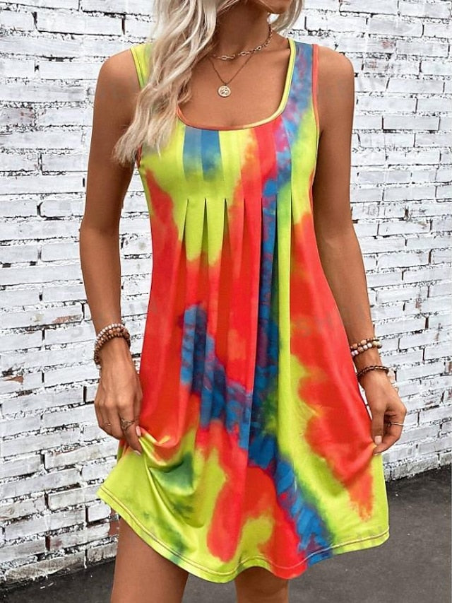 Women's Tank Dress Tie Dye Shift Dress Pleated U Neck Mini Dress Stylish Vacation Beach Sleeveless Summer