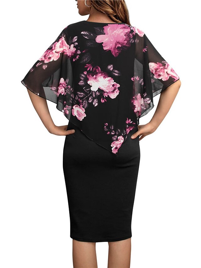 Women's Work Dress Sheath Dress Church Dress Midi Dress Black Pink Wine Half Sleeve Floral Fake two piece Summer Spring V Neck Elegant Office Wedding Guest Summer Dress 2023 S M L XL XXL - LuckyFash™