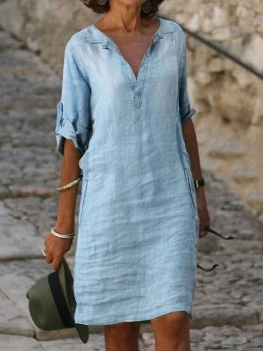 Women's Casual Dress Shift Dress Denim Shirt Dress Midi Dress Denim Fashion Modern Outdoor Daily Vacation V Neck Rolled Cuff Half Sleeve Summer Spring Fall 2023 Loose Fit Blue Plain S M L XL 2XL - LuckyFash™