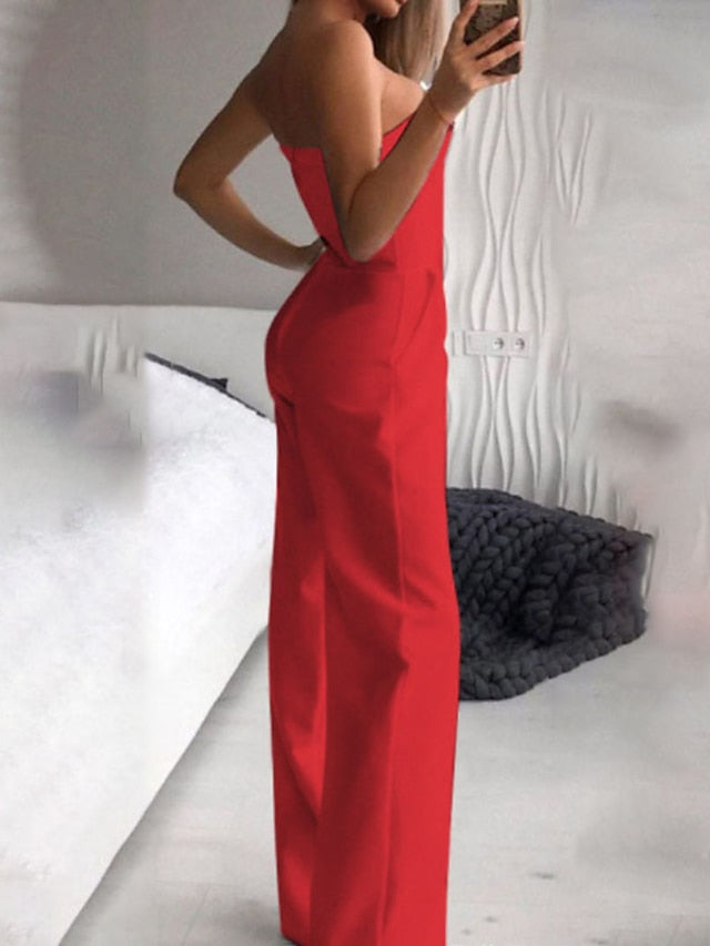 Women's Jumpsuit Clean Fit Wedding  High Waist Solid Color Strapless Streetwear Street Going out Regular Fit Sleeveless Red White Summer - LuckyFash™