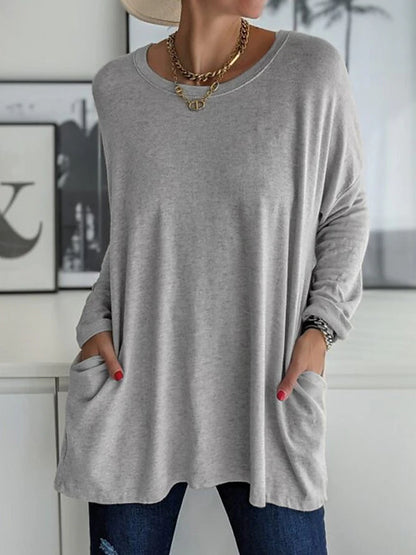 Women's T shirt Tee Plain Daily Weekend Pocket Black Long Sleeve Fashion Round Neck Spring &  Fall