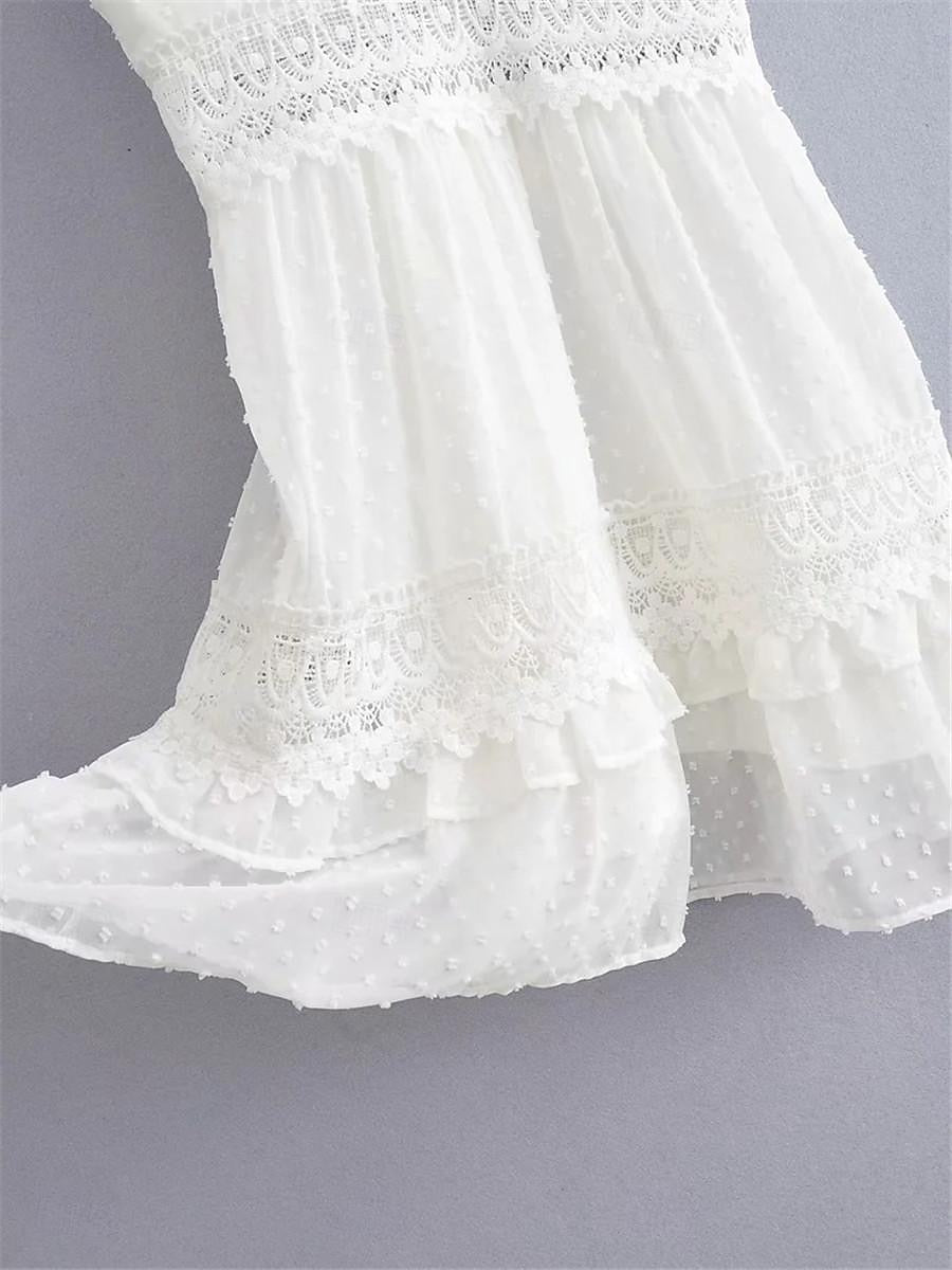 Women's White Lace Wedding Dress Mini Dress Cotton with Sleeve Date Vacation Streetwear A Line V Neck Sleeveless White Color