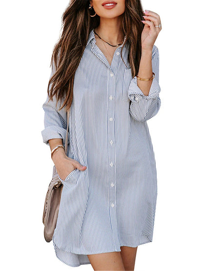 Women's Shirt Dress Casual Dress Shift Dress Mini Dress Business Date Polyester Modern Casual Shirt Collar Button Pocket Long Sleeve Fall Winter Loose Fit White Pink Navy Blue Pure Color S M L XL 2XL