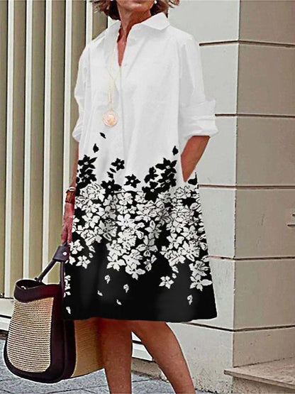 Women's Shirt Dress Casual Dress Midi Dress Outdoor Daily Vacation Polyester Fashion Casual Shirt Collar Button Pocket Long Sleeve Summer Spring Fall 2023 Loose Fit Black White Gray Polka Dot Flower