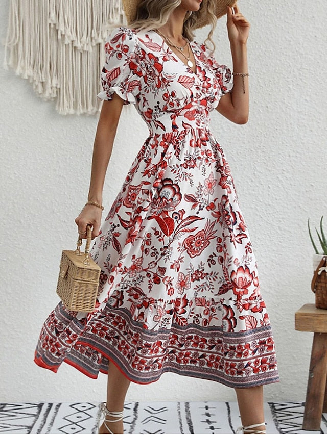 Women's Casual Dress Summer Dress Print Dress Floral Ruched Print V Neck Puff Sleeve Midi Dress Active Fashion Outdoor Street Short Sleeve Loose Fit Black Red Blue Summer Spring S M L XL XXL - LuckyFash™