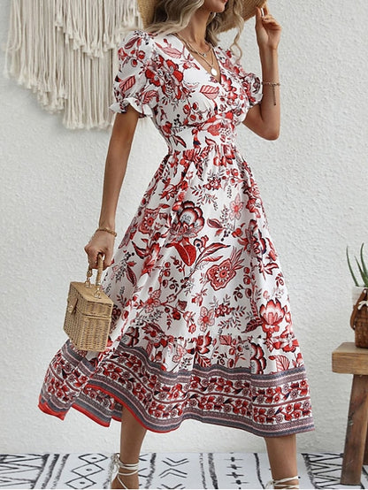 Women's Casual Dress Summer Dress Print Dress Floral Ruched Print V Neck Puff Sleeve Midi Dress Active Fashion Outdoor Street Short Sleeve Loose Fit Black Red Blue Summer Spring S M L XL XXL - LuckyFash™