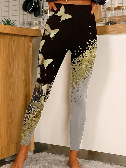 Women's Tights Normal Polyester Butterfly Black White Fashion Mid Waist Full Length Casual Weekend Summer Spring &  Fall