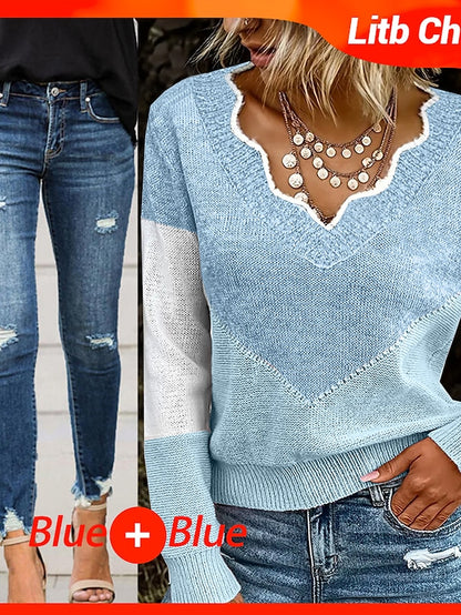 Women's Pullover Sweater Jumper V Neck Crochet Knit Cotton Blend Oversized Fall Winter Regular Daily Weekend Casual Long Sleeve Solid Color Blue Khaki Dark Gray S M L