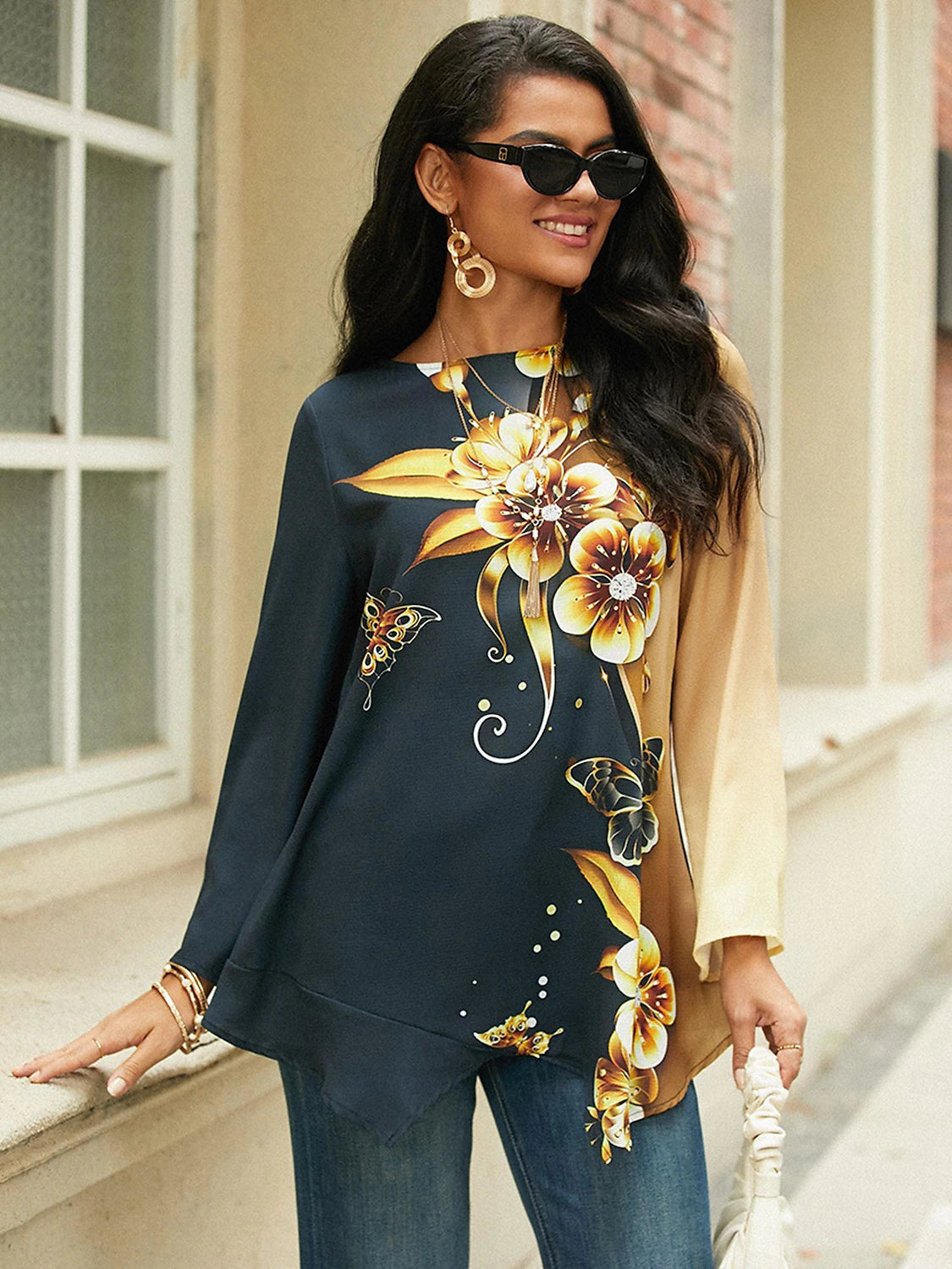 Women's Shirt Blouse Floral Casual Holiday Print Asymmetric Yellow Long Sleeve Round Neck Spring &  Fall