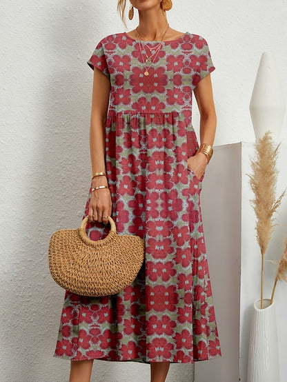 Women's Casual Dress Summer Dress Print Dress Floral Print Crew Neck Long Dress Maxi Dress Fashion Streetwear Outdoor Holiday Short Sleeve Regular Fit Yellow Red Blue Summer Spring S M L XL 2XL - LuckyFash™