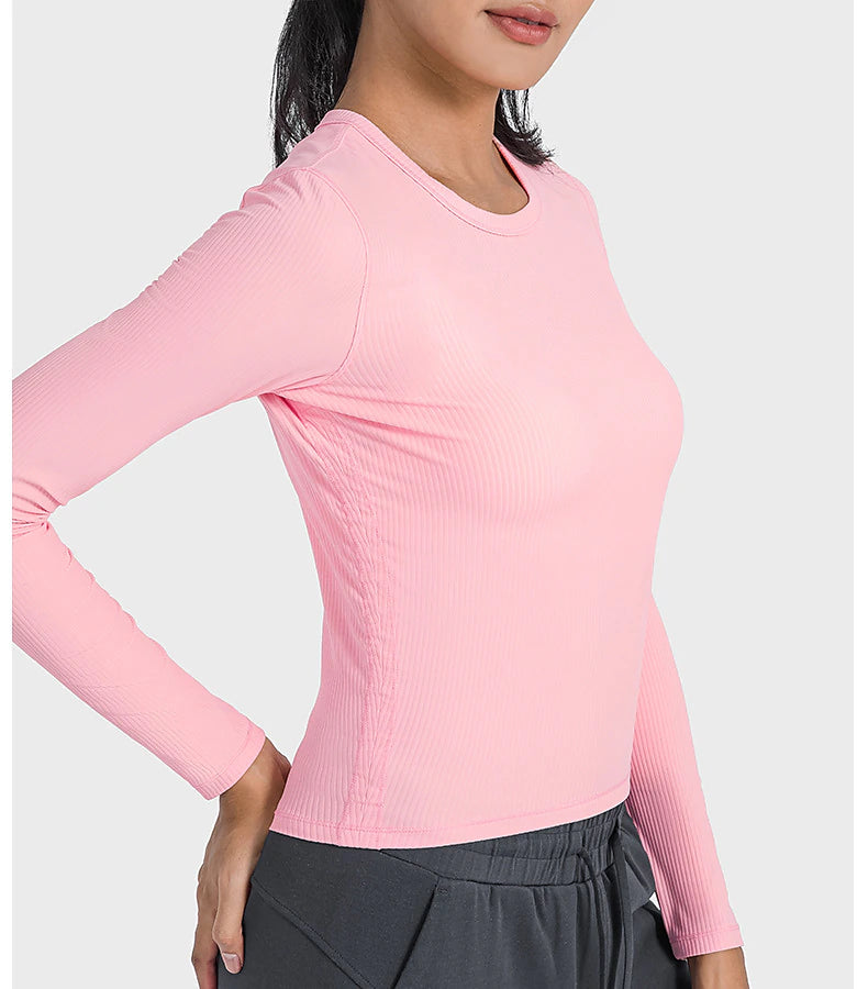 Women's Running T-Shirt Solid Color Yoga Fitness Ribbed Black White Pink Crew Neck High Elasticity Spring &  Fall