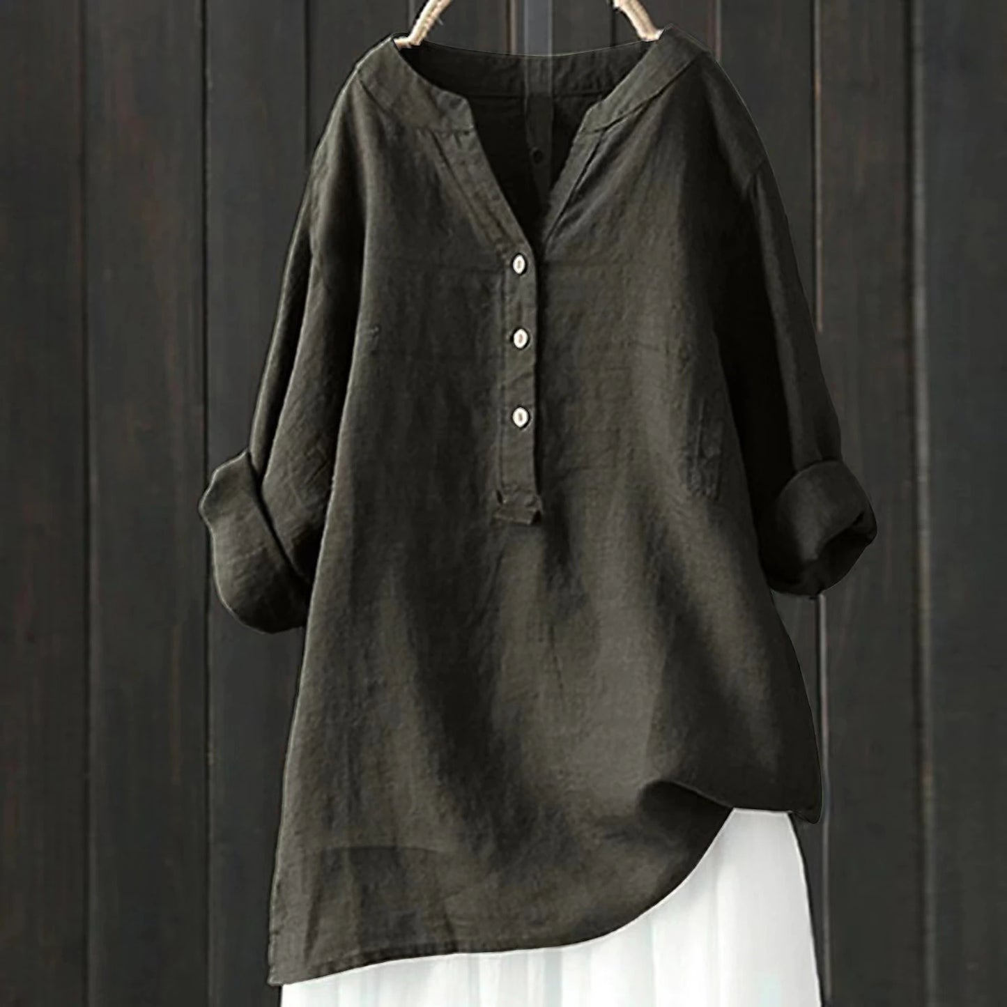 Women's Shirt Blouse Long Cotton Top Linen Plain Casual Daily Button Black Long Sleeve Fashion Daily Basic V Neck Spring &  Fall