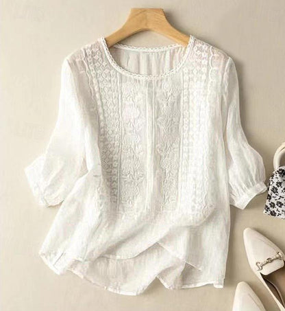 Women's Shirt Blouse Long Cotton Top White Cotton Top Linen Floral Going out Embroidered White Half Sleeve Casual Round Neck