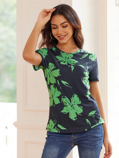 Women's T shirt Tee Floral Daily Print Green Short Sleeve Fashion Crew Neck Summer