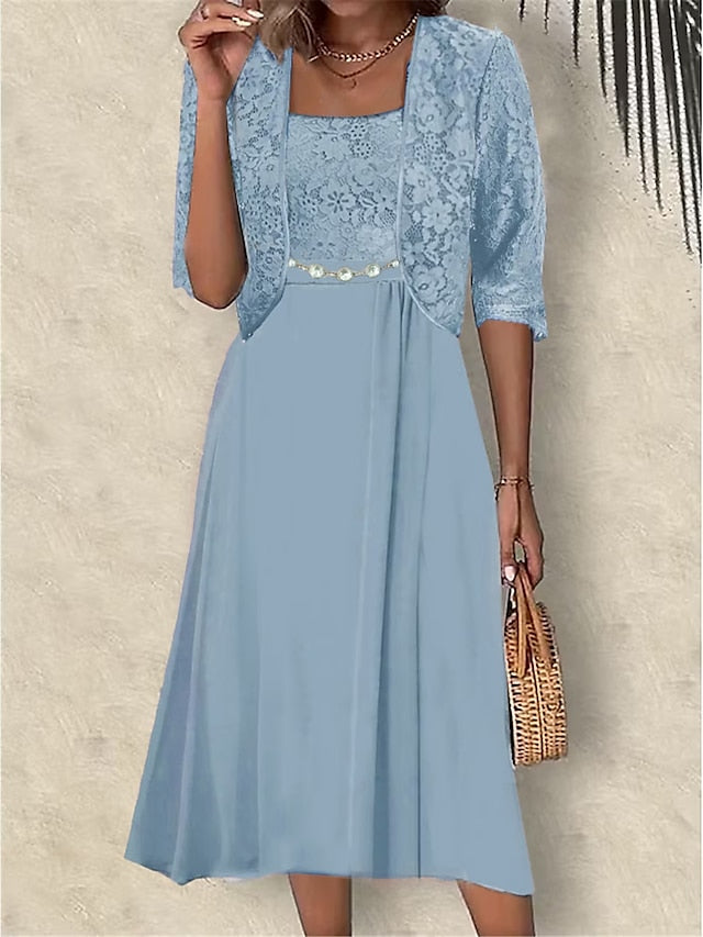 Women's Two Piece Dress Set Party Dress Lace Dress Party Wedding Guest Elegant Modern Lace Patchwork Midi Dress Crew Neck Half Sleeve Floral Plain Regular Fit Pink Blue Purple Summer Spring S M L XL - LuckyFash™