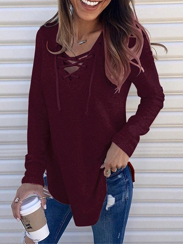 Women's Pullover Sweater Jumper V Neck Ribbed Knit Cotton Blend Lace up Summer Fall Outdoor Daily Going out Stylish Casual Soft Long Sleeve Solid Color Maillard Black White Pink S M L