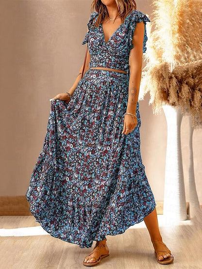 Women's Two Piece Dress Set Casual Dress Skirt Set Floral Dress Holiday Vacation Bohemia Vintage Ruffle Print Long Dress Maxi Dress V Neck Sleeveless Floral Regular Fit Blue Green Rainbow Summer S M