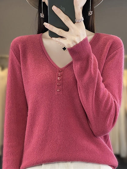 Women's Pullover Sweater Jumper V Neck Ribbed Knit Polyester Button Knitted Fall Winter Regular Outdoor Daily Holiday Fashion Streetwear Casual Long Sleeve Solid Color Black White Light Green S M L