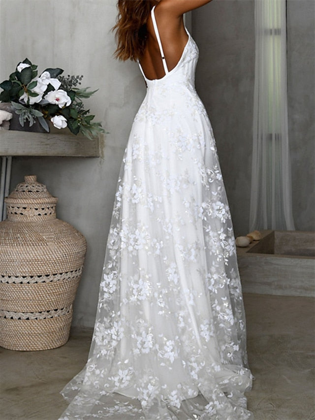 Beach Wedding Dresses A-Line Camisole V Neck Spaghetti Strap Court Train Lace Bridal Gowns With Appliques Split Front 2023 Summer Wedding Party, Women's Clothing - LuckyFash™