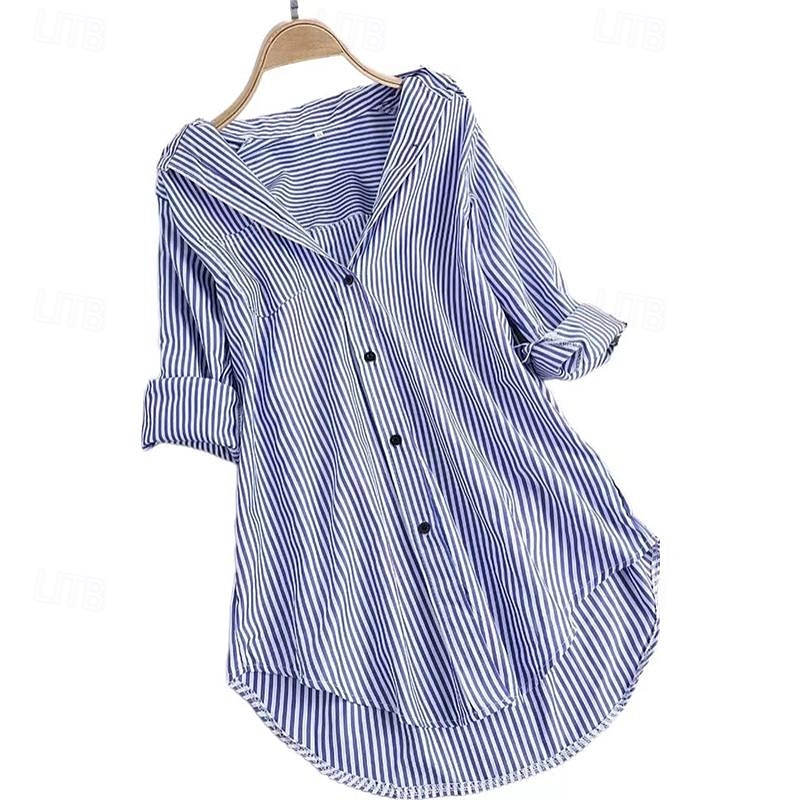 Women's Shirt Blouse Striped Daily Button Print Black Long Sleeve Casual Shirt Collar Spring &  Fall