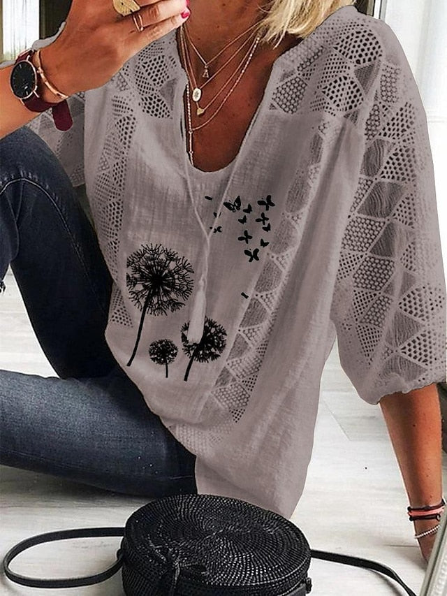 Women's Shirt Blouse Floral Butterfly Daily Vacation Lace up Lace Print Black 3/4 Length Sleeve Casual V Neck Spring & Summer