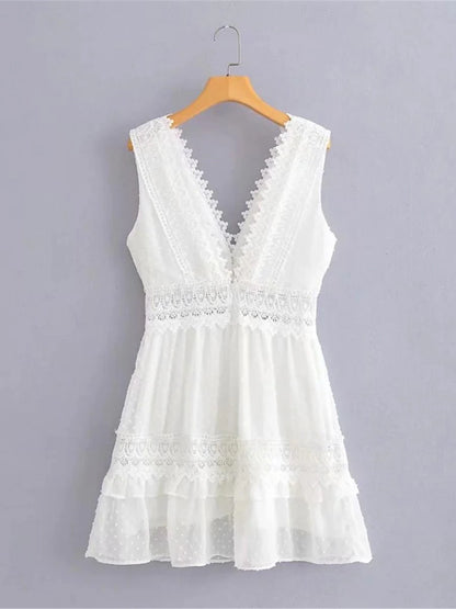 Women's White Lace Wedding Dress Mini Dress Cotton with Sleeve Date Vacation Streetwear A Line V Neck Sleeveless White Color