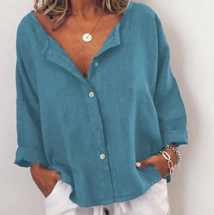 Women's Shirt Blouse Long Cotton Top Linen Plain Casual Daily Button Army Green Long Sleeve Daily Basic V Neck Fall & Winter