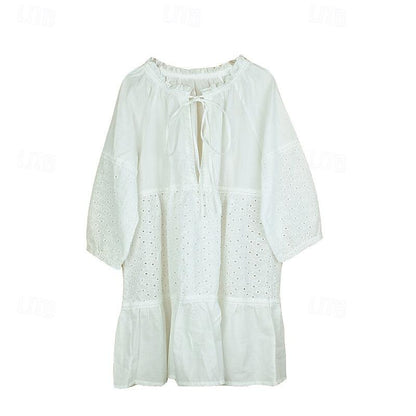 Women's White Dress Casual Dress Summer Dress Mini Dress Cotton Lace up Ruffle Vacation Beach Basic Round Neck 3/4 Length Sleeve White Color