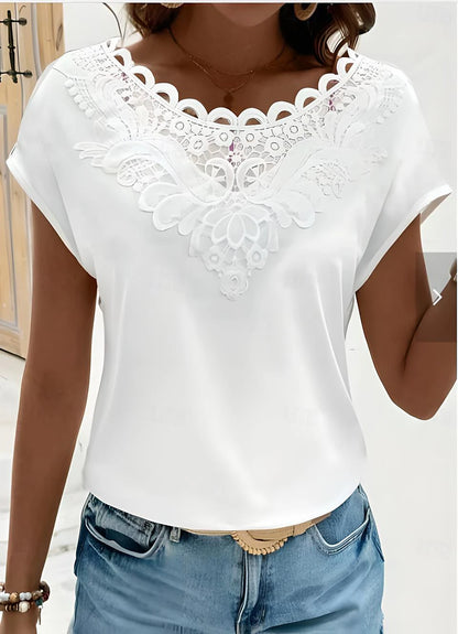 Women's T shirt Tee Plain Daily Lace Patchwork White Short Sleeve Stylish Basic Crew Neck Summer