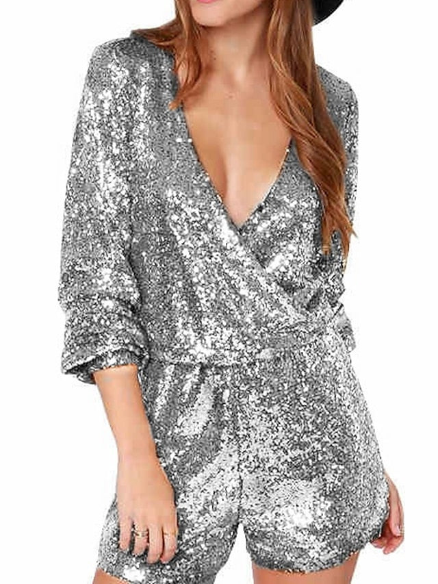 Women's Romper Sequin Solid Color V Neck Streetwear Party Prom Regular Fit Long Sleeve Silver Gold Red S M L Spring - LuckyFash™