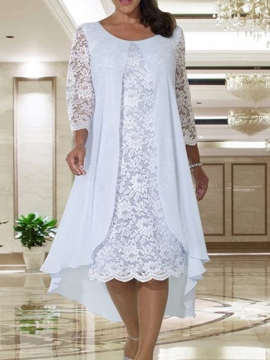 A-Line Mother of the Bride Dress Plus Size Elegant Jewel Neck Knee Length Chiffon Lace Long Sleeve with Lace 2023 - LuckyFash™